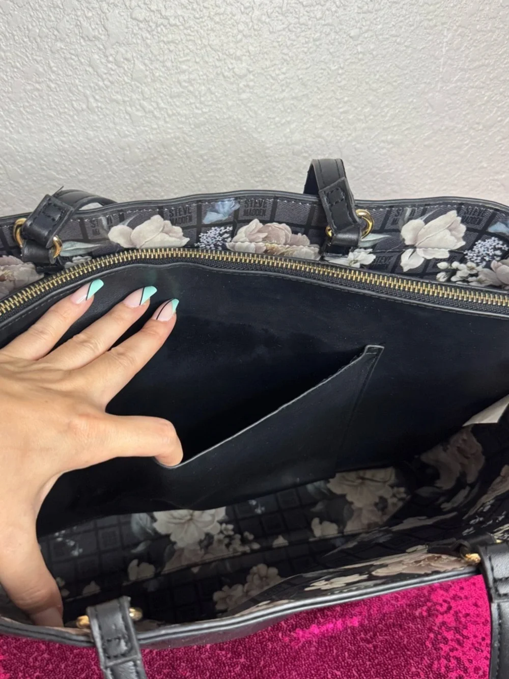 STEVE MADDEN 🪷 Pebbled Black Leather Large Laptop Tote, Floral Scarf Accent